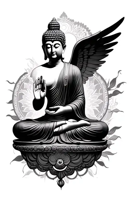 ancient blessing budhha sculpture side angle wing tattoo design idea