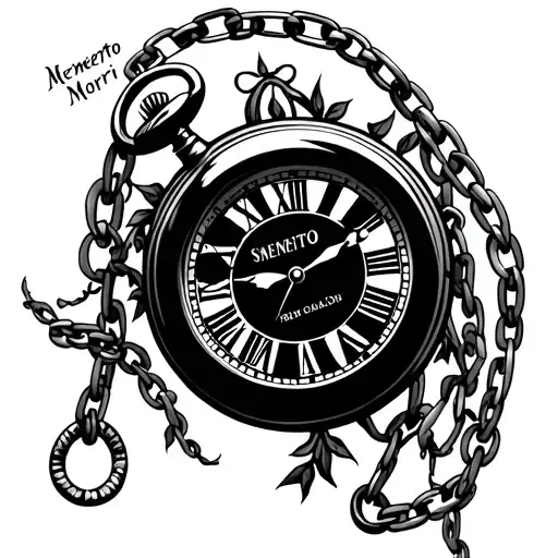 on the chest: a pocket watch (4:24, Roman numerals) with chains turning into vines. Above the watch, 'Memento Mori' in  tattoo design idea