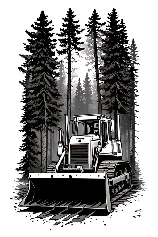 bulldozer surrounded by forest scene with a hidden T M tattoo design idea