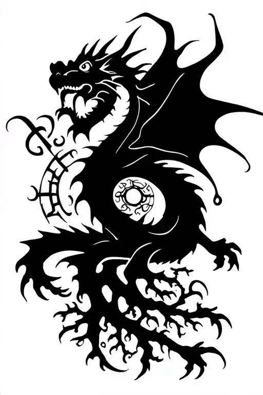 a dragon flying with nordic runes around and yggdrasil on the backgound tattoo design idea