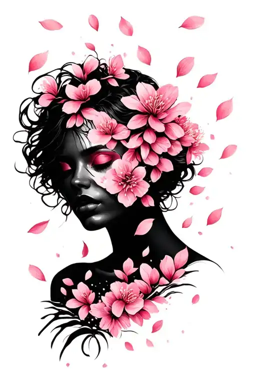 sexy female face covered in blossom petals falling tattoo design idea