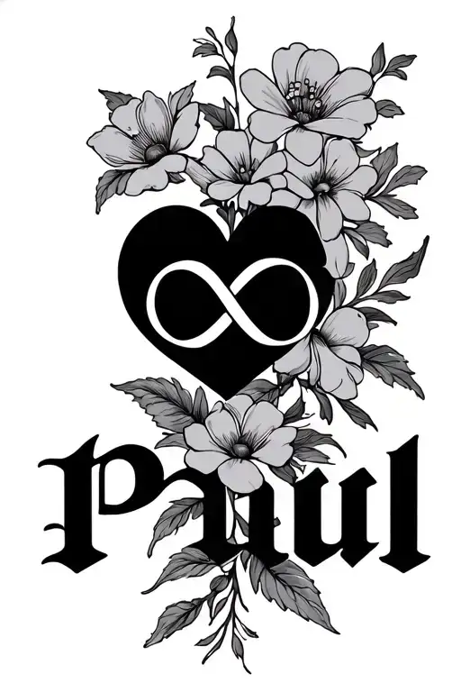 infinity sign incorporated within his name Paul with flowers and a heart tattoo design idea