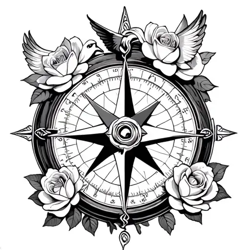 can you create a vintage compass with roses on it, and a dove in the middle, the cross to represent god, and lotus  tattoo design idea