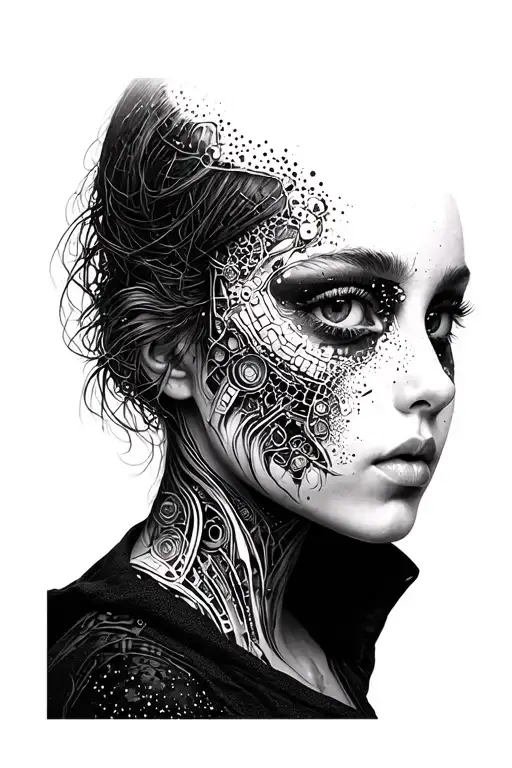 Girl with the face of the cyborg tattoo design idea
