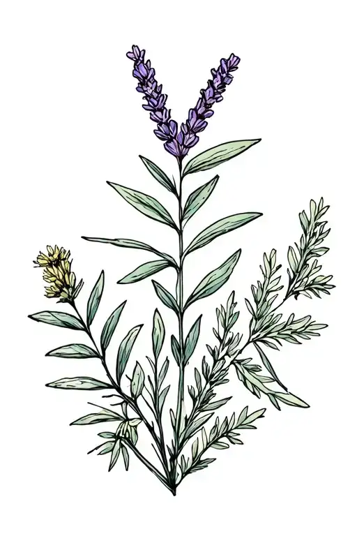 A narrow bundle of herb consisting of sage, lavender, thyme and goldenrod tattoo design idea