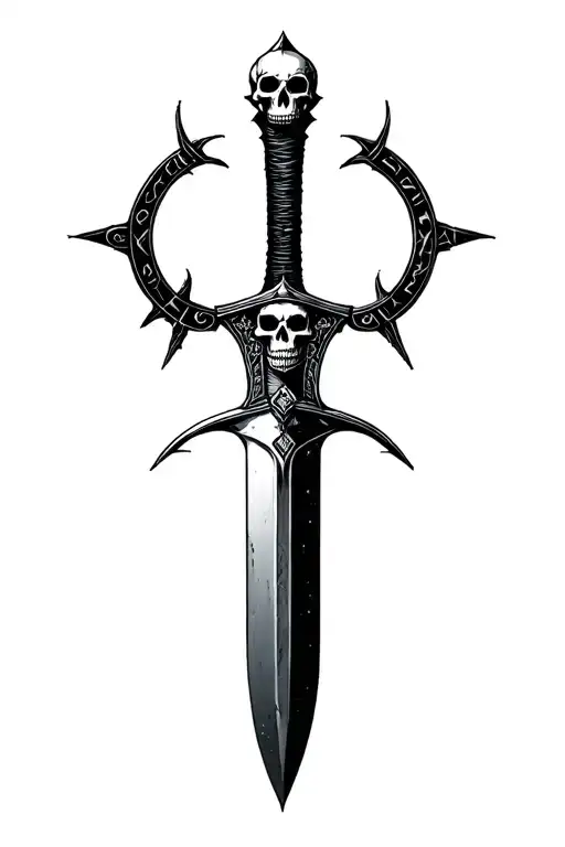 Sharp long dagger with runes shaded skull head, sejmitar, darkest dungeon tattoo design idea