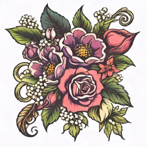 violet and primrose and Lily of the Valley and Hawthorn Flower and rose and honeysuckle tattoo design idea