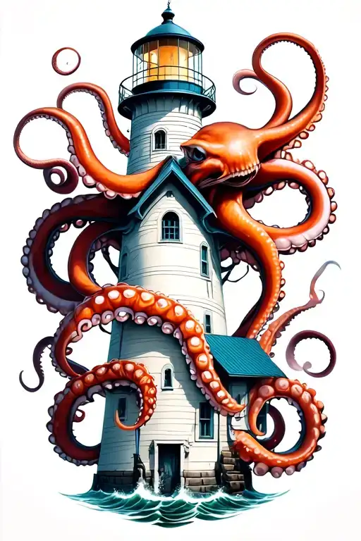lighthouse wrapped by octopuses tattoo design idea