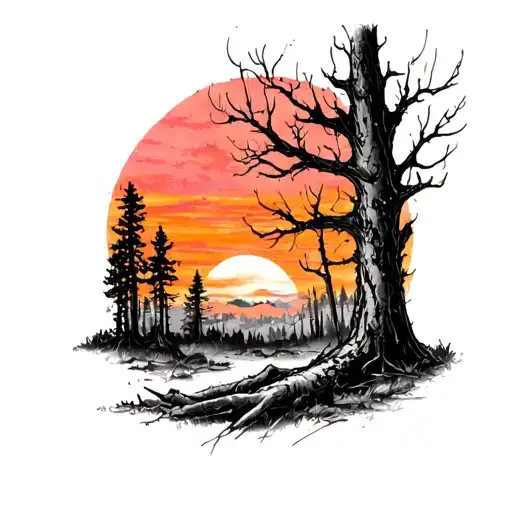 “Tattoo sketch: forest after a fire, tall charred tree trunks, sunset sky with orange and pink hues, lying down tattoo design idea