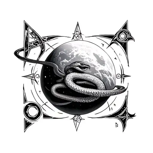 Runes sigils, a serpent, a planet looking tattoo design idea