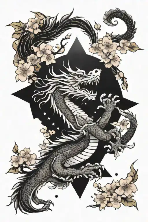 powerful majestic Japanese dragon with a crown flying alongside cherry blossoms surrounded by stars tattoo design idea