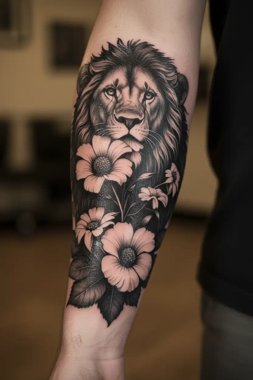 intertwined flowers.  daisy and morning glory  add in crosses and a lion overlooking. make sure to add the morning glory tattoo design idea