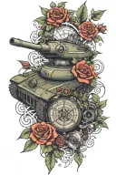 army tank with compass and crossed swords surrounded by roses and vines tattoo design idea