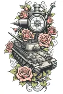 army tank with compass and crossed swords surrounded by roses and vines tattoo design idea
