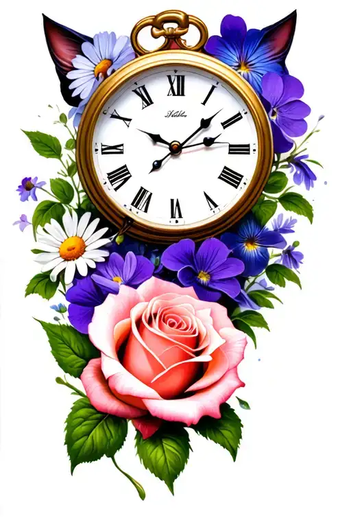 rose and thunderstorm and violets and clock and cat eye and daisies tattoo design idea
