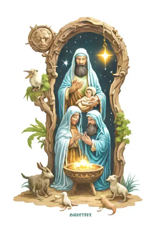 nativity scene with alien wisemen and baby Jesus is half alien. gifts are psilocybin, marijuana, and DMT.  tattoo design idea