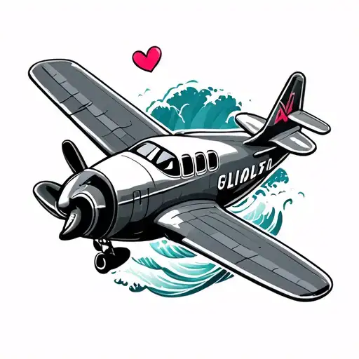 small plane with heart and wave made friends tattoo design idea
