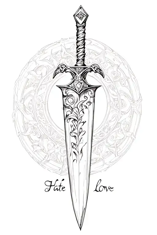 "Hate love" dagger with the inscription tattoo design idea