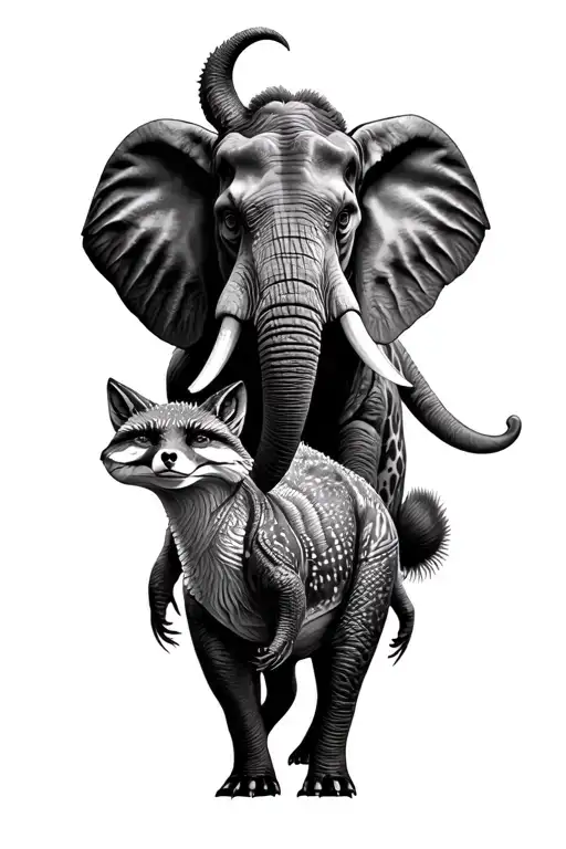 Dinosaur and elephant and a fox and giraffe and gorilla with patterns in between  tattoo design idea