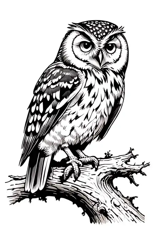 Owl sitting on an old tree growing tattoo design idea