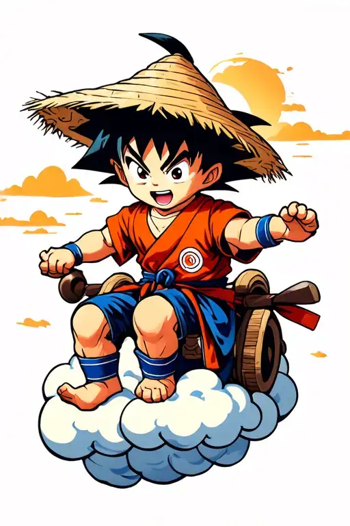 baby Goku riding a akatsuki cloud wearing a straw hat tattoo design idea