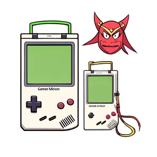 2 fat old gameboy one green with sailor moon stick on screen and the red one witch the face of sangoku without mouth,eye tattoo design idea