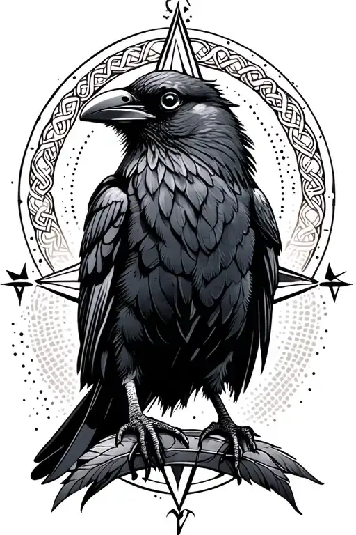 Black crow with dotted gradients towards feathers with Celtic compass “Vegvísir” behind the crow. Valhall symbols tattoo design idea