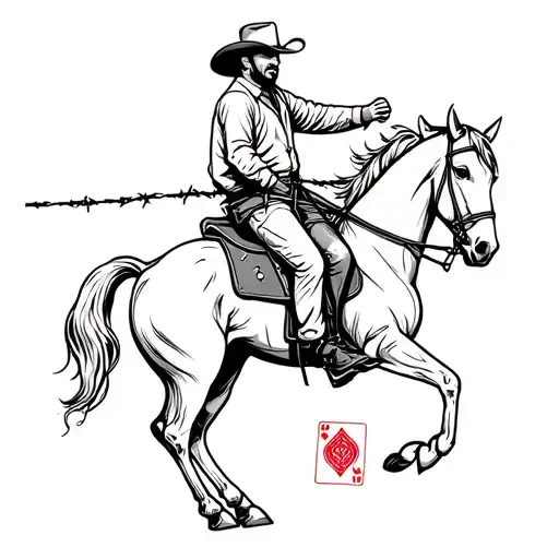 Cowboy on a horse, barbed wire, and playing cards combined tattoo design idea