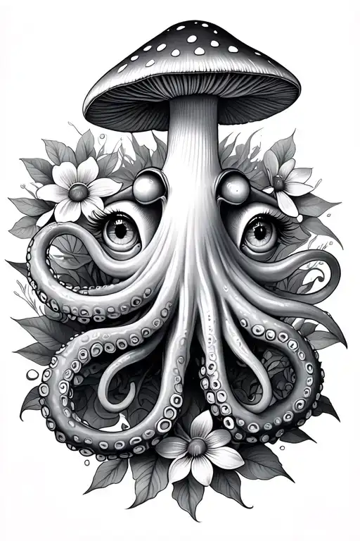 octopus and mushroom with eyes with flower of life background tattoo design idea