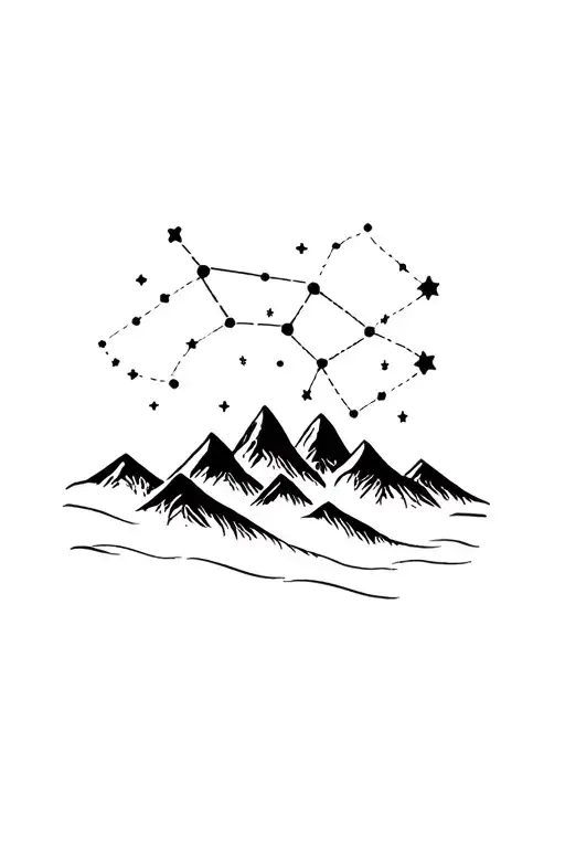 tattoo with mountains and constellations in sky above. include stars for cancer, Taurus, Leo and libra tattoo design idea