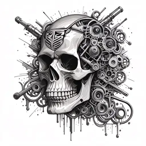 A skull with intricate mechanical details inspired by muscle cars and Harley Davidson motorcycles tattoo design idea