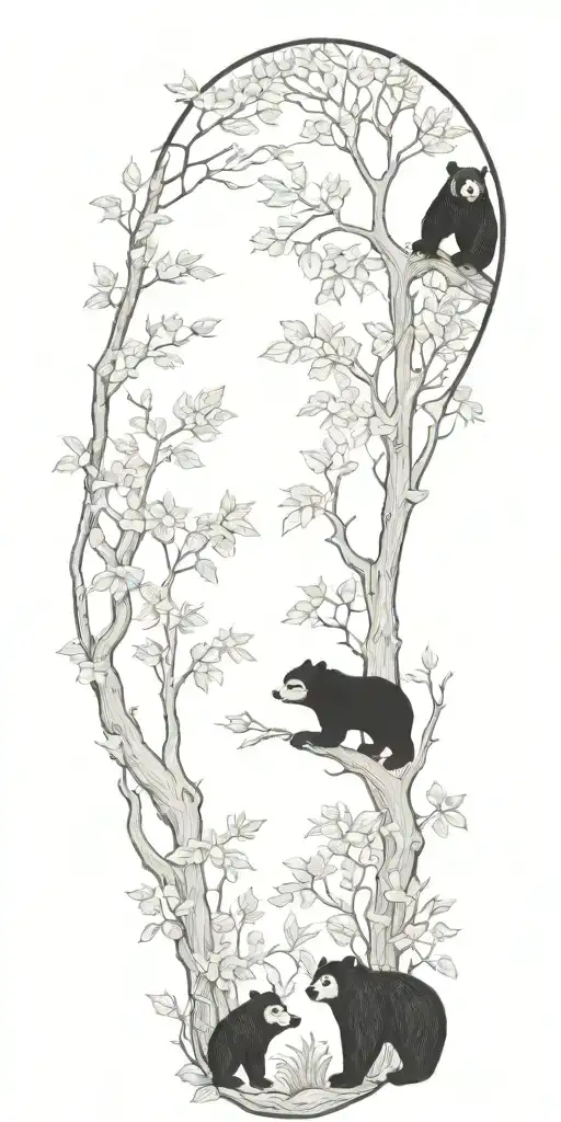 A serene forest scene with bears, squirrels, raccoons, and owls among lush plants tattoo design idea