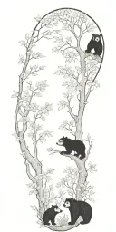 A serene forest scene with bears, squirrels, raccoons, and owls among lush plants tattoo design idea