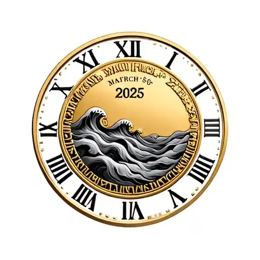March 5 2025 Roman numerals,1/2 oz gold coin with waves as filler  tattoo design idea