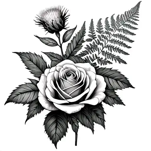 2 roses, a thistel and a fern tattoo design idea