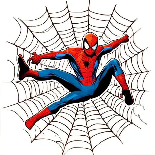 Spiderman swinging through nyc with a spider web background along with comic book panels tattoo design idea