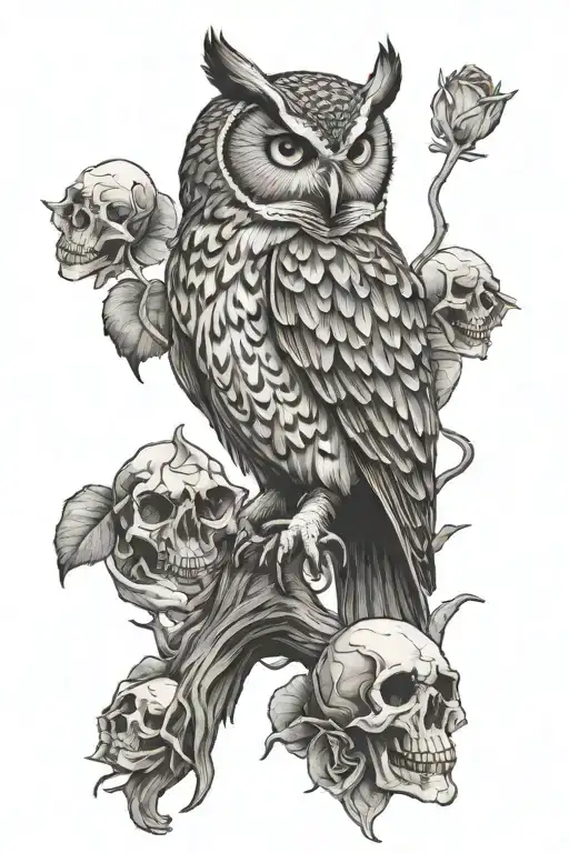 owl perched on skull tattoo design idea