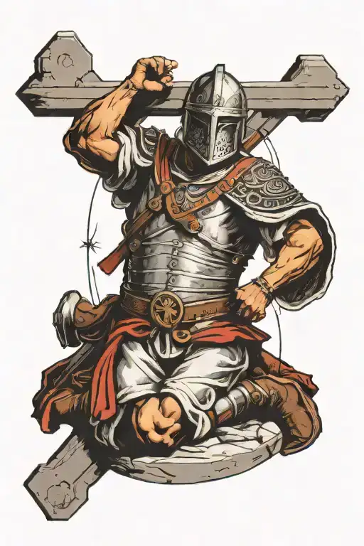 Roman soldier lifting up a cross from the squatting position. with the verse Mark 8:34 in Roman numerals tattoo design idea