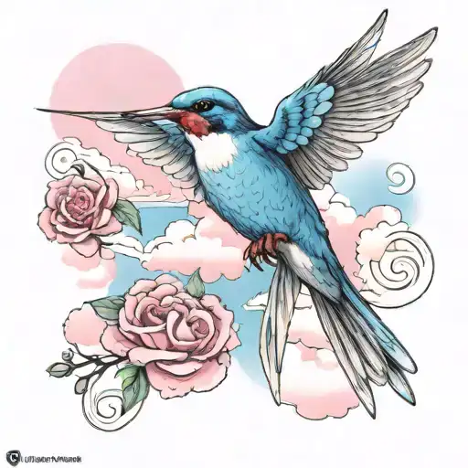 realistic Swallow flying to Heaven light blue light pink clouds Greek key and ruby gemstone  tattoo design idea