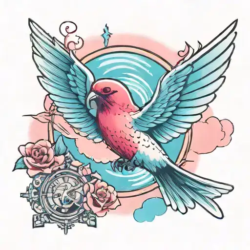 realistic Swallow flying to Heaven light blue light pink clouds Greek key and ruby gemstone  tattoo design idea