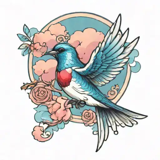 realistic Swallow flying to Heaven light blue light pink clouds Greek key and ruby gemstone  tattoo design idea