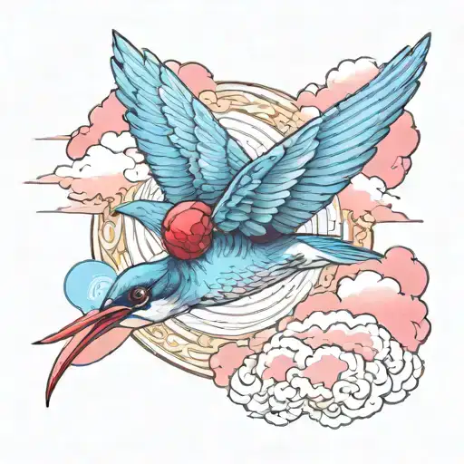 realistic Swallow flying to Heaven light blue light pink clouds Greek key and ruby gemstone  tattoo design idea