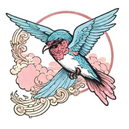 realistic Swallow flying to Heaven light blue light pink clouds Greek key and ruby gemstone  tattoo design idea