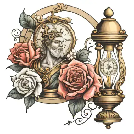 Ancient Greek God + clock + hourglass + roses tattoo design idea