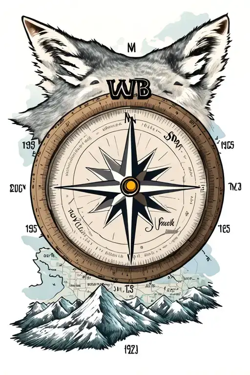 compass replace North with "WB", mountains, a fox, coordinates of Mt. Shermans Peak, map as background tattoo design idea