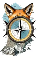 compass replace North with "WB", mountains, a fox, coordinates of Mt. Shermans Peak, map as background tattoo design idea