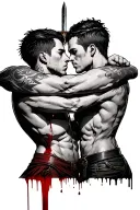 2 men sidehugging each other. 2 hands holding eachother above the men with a dagger through the hands and blood dripping tattoo design idea