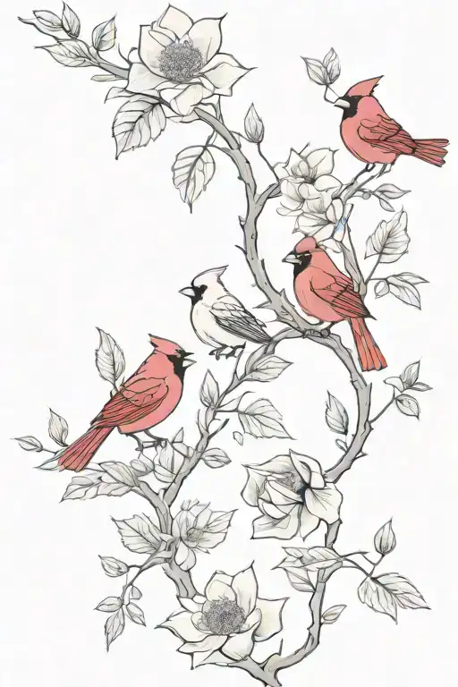 flowers, butterflies, cardinals sitting on a vine tattoo design idea