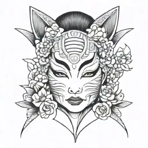 simple outline front of face that's half geisha and half Kitsune mask tattoo design idea