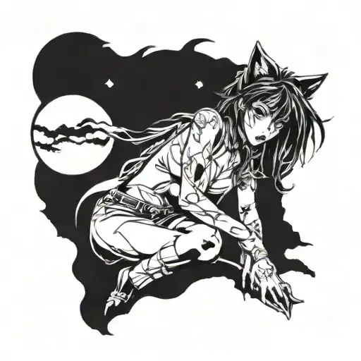 sexy anime girl sitting, fullmoon, bloddy wolfs tattoo design idea